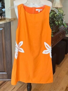 LaLavon Orange Cotton Floral Appliqué Shift Dress